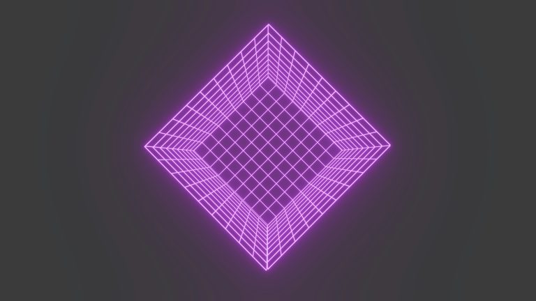 Glowing purple wireframe grid shaped like a diamond, a visual metaphor for grid trading bots