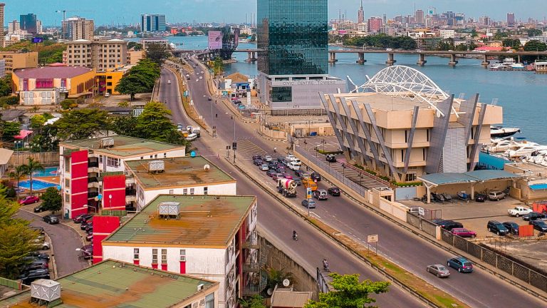 Aerial view of the Lagos lagoon, bridges and Civic Centre Towers in Nigeria
